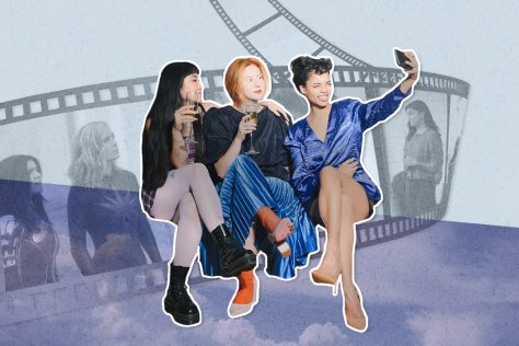 Three girls taking a selfie over a graphic of a movie film strip