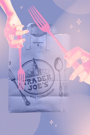 trader joes bag, hand with fork
